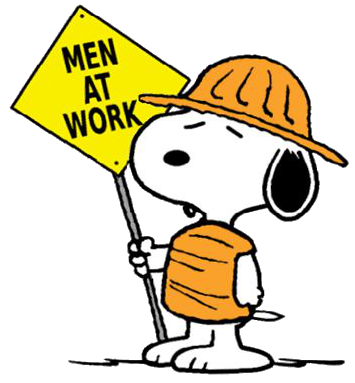 snoopy with a men at work sign